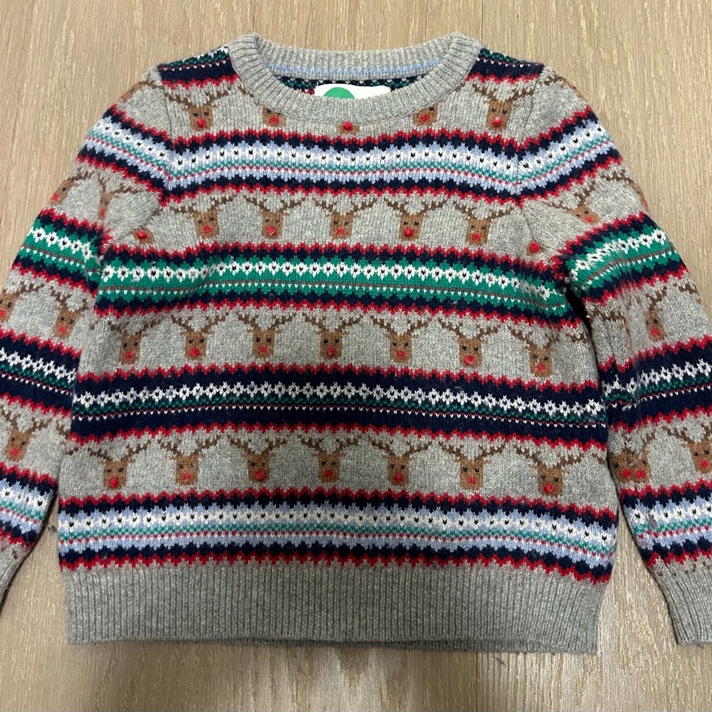 Mini Boden children’s holiday sweater; size 3-4 years; color gray/red/green